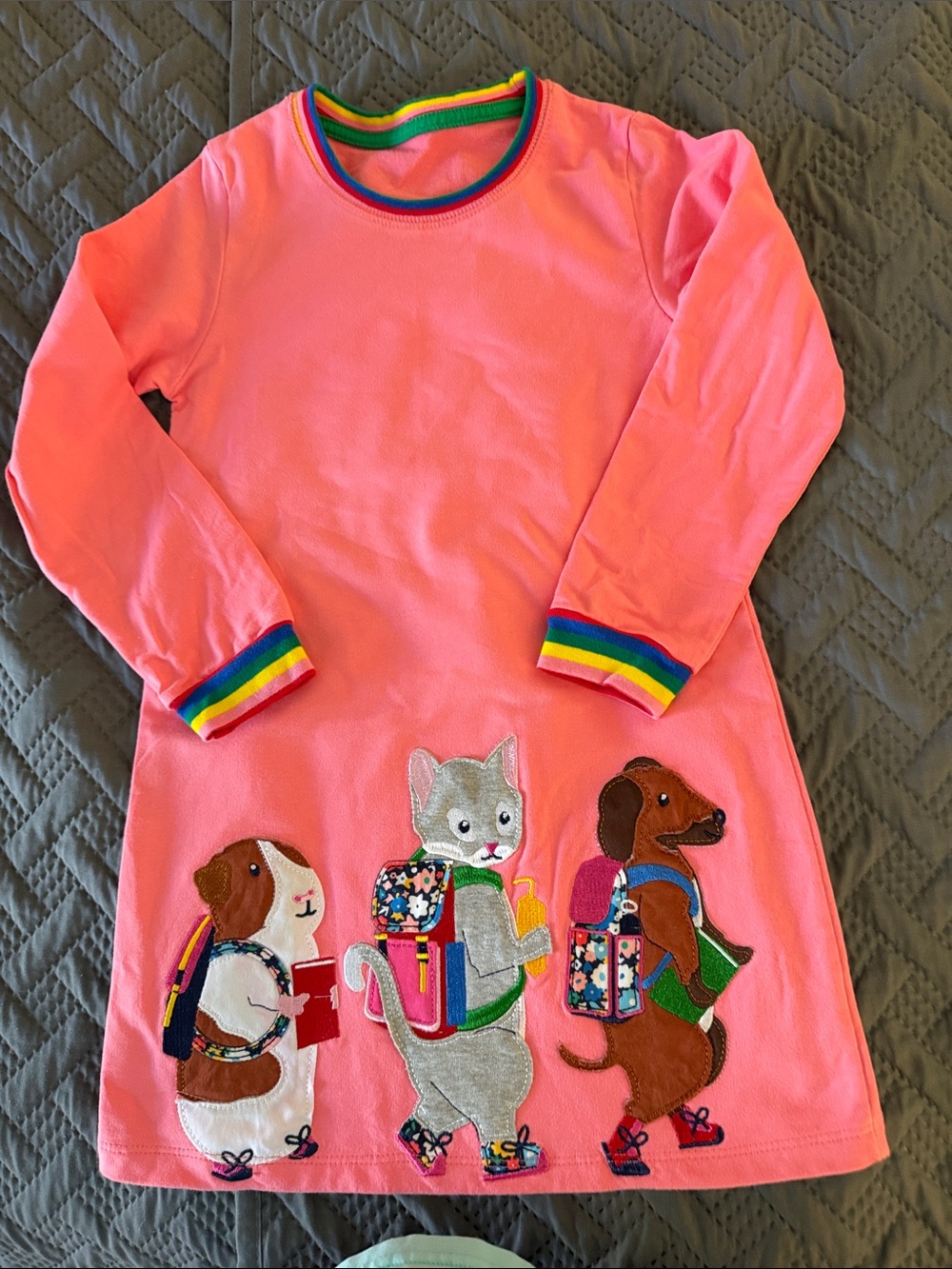 Source Unknown Pink Knit Dress with Rainbow Trim and Animal Appliqués